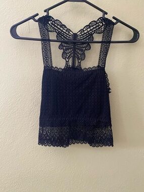 Lace Overlay Butterfly Back Women's Tank Top - Black